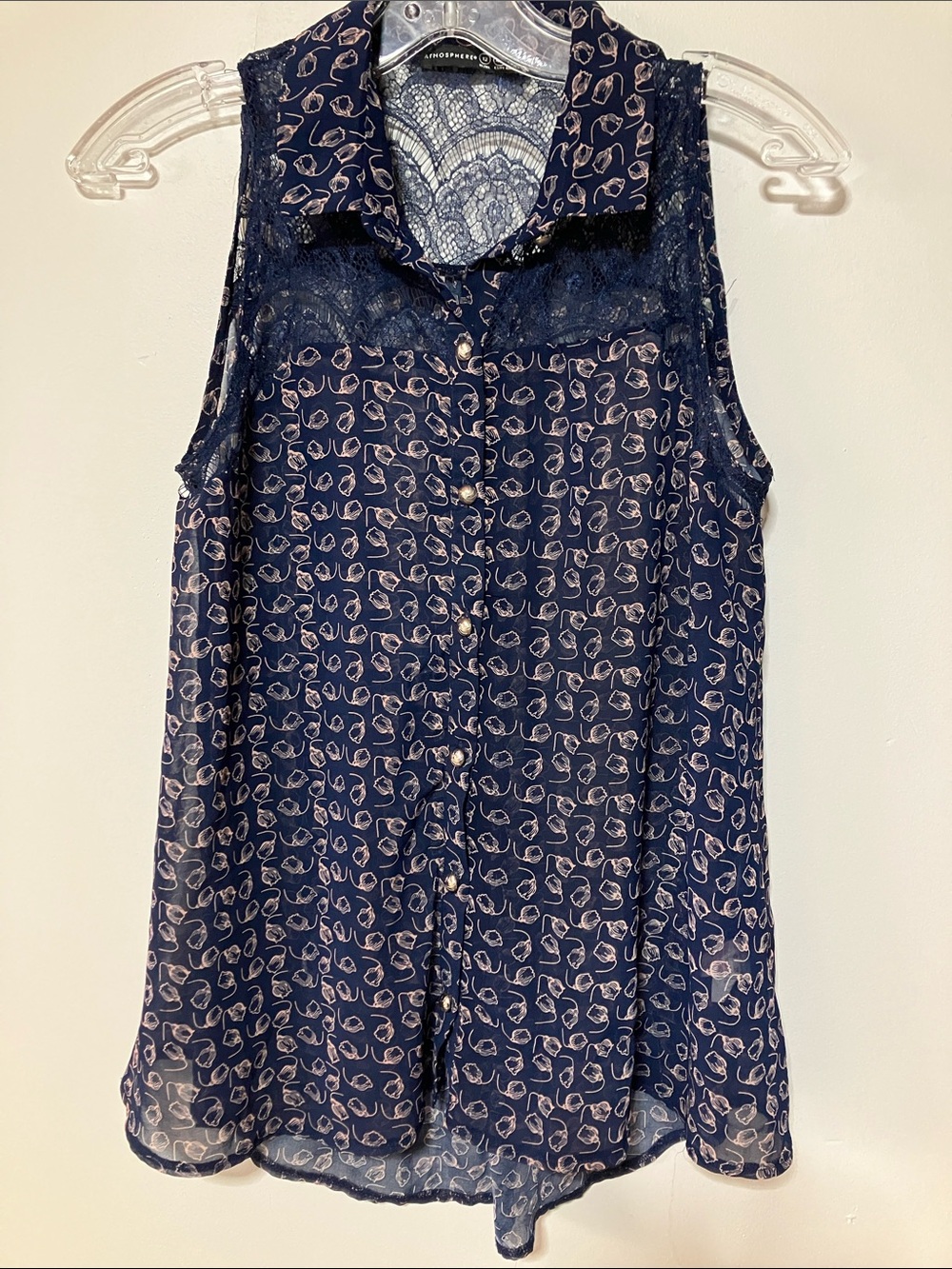 Atmosphere Navy Paisley Lace Sheer High Low Sleeveless Blouse Tank Top Women 12